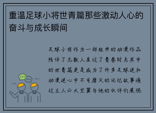 重温足球小将世青篇那些激动人心的奋斗与成长瞬间